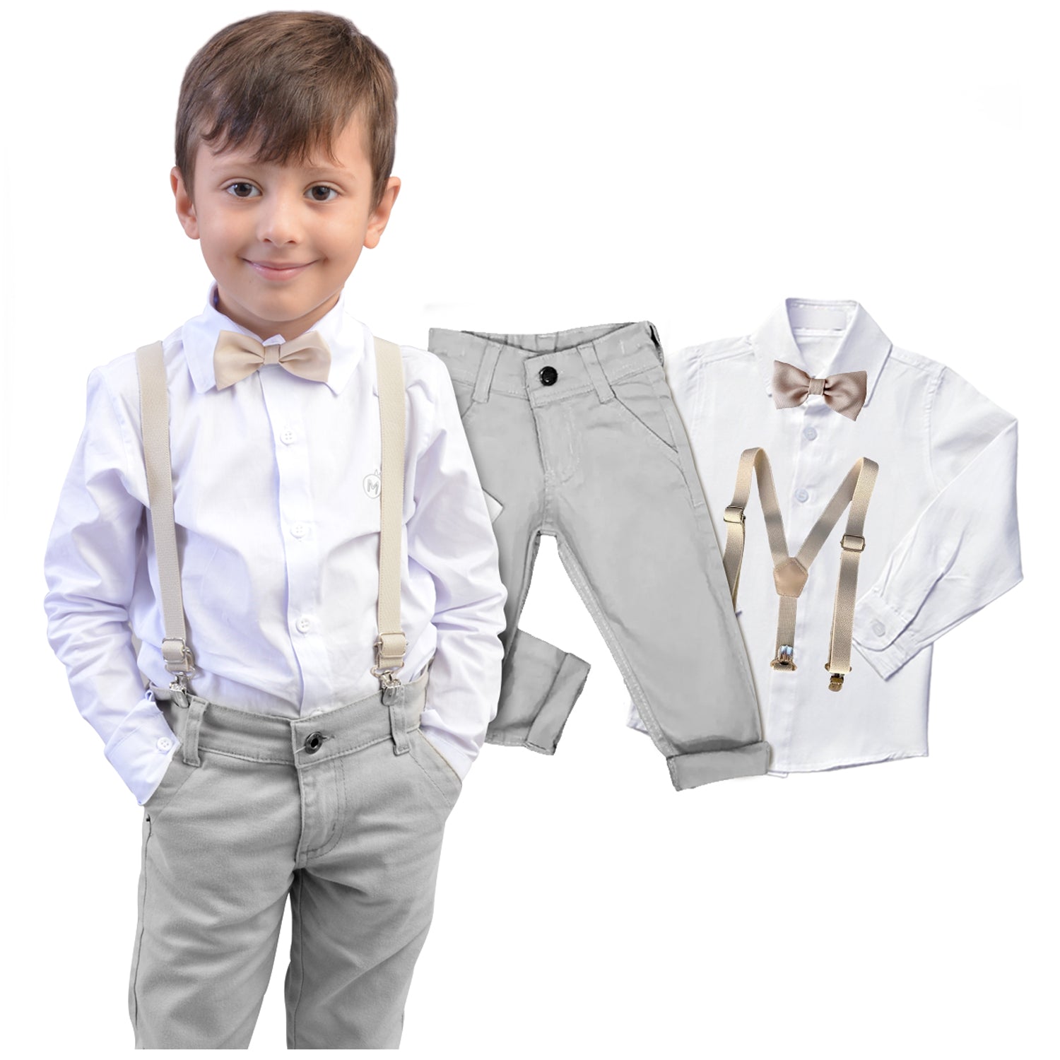 Conjunto Roupa Casamento Cinza Gravata e Suspensório Várias cores Infantil e Juvenil
