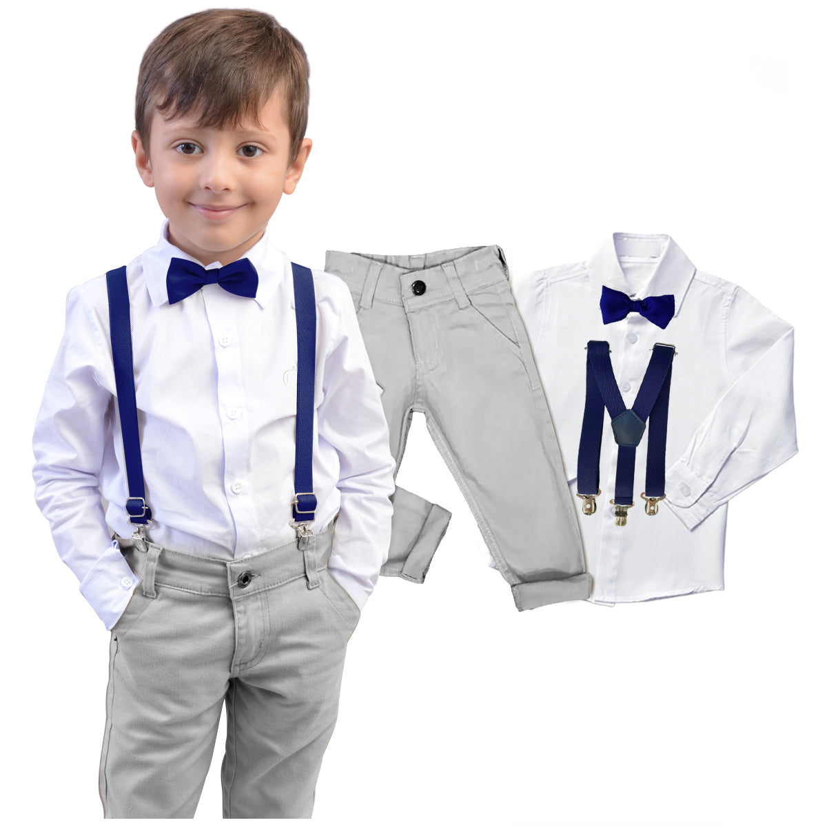 Conjunto Roupa Casamento Cinza Gravata e Suspensório Várias cores Infantil e Juvenil