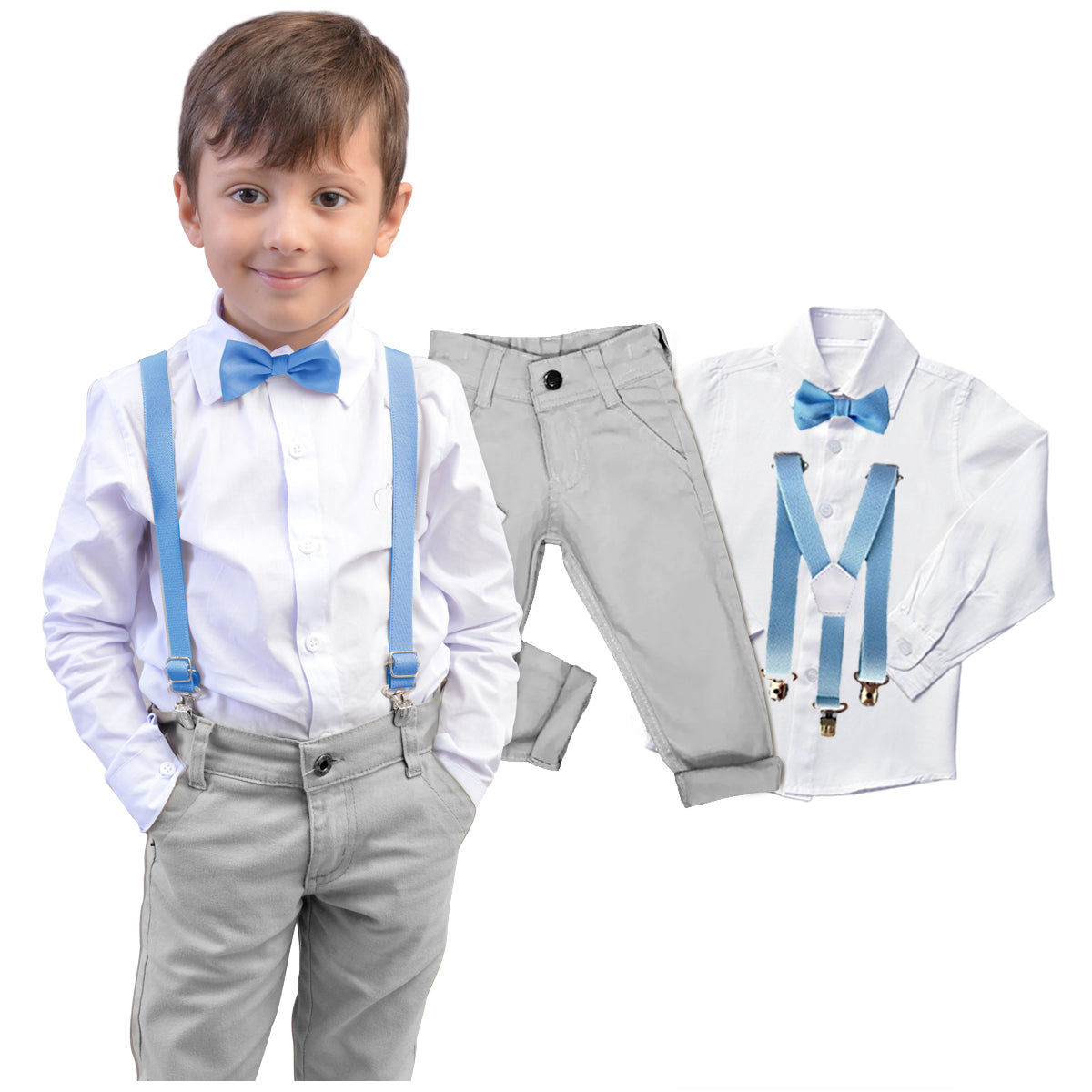 Conjunto Roupa Casamento Cinza Gravata e Suspensório Várias cores Infantil e Juvenil