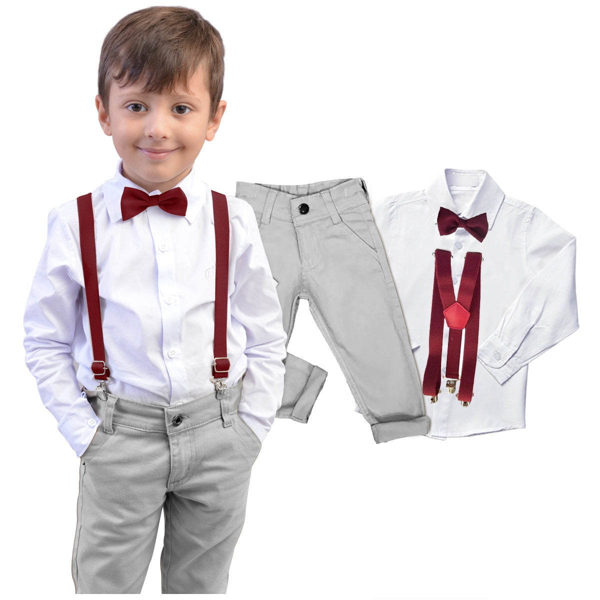 Conjunto Roupa Casamento Cinza Gravata e Suspensório Várias cores Infantil e Juvenil