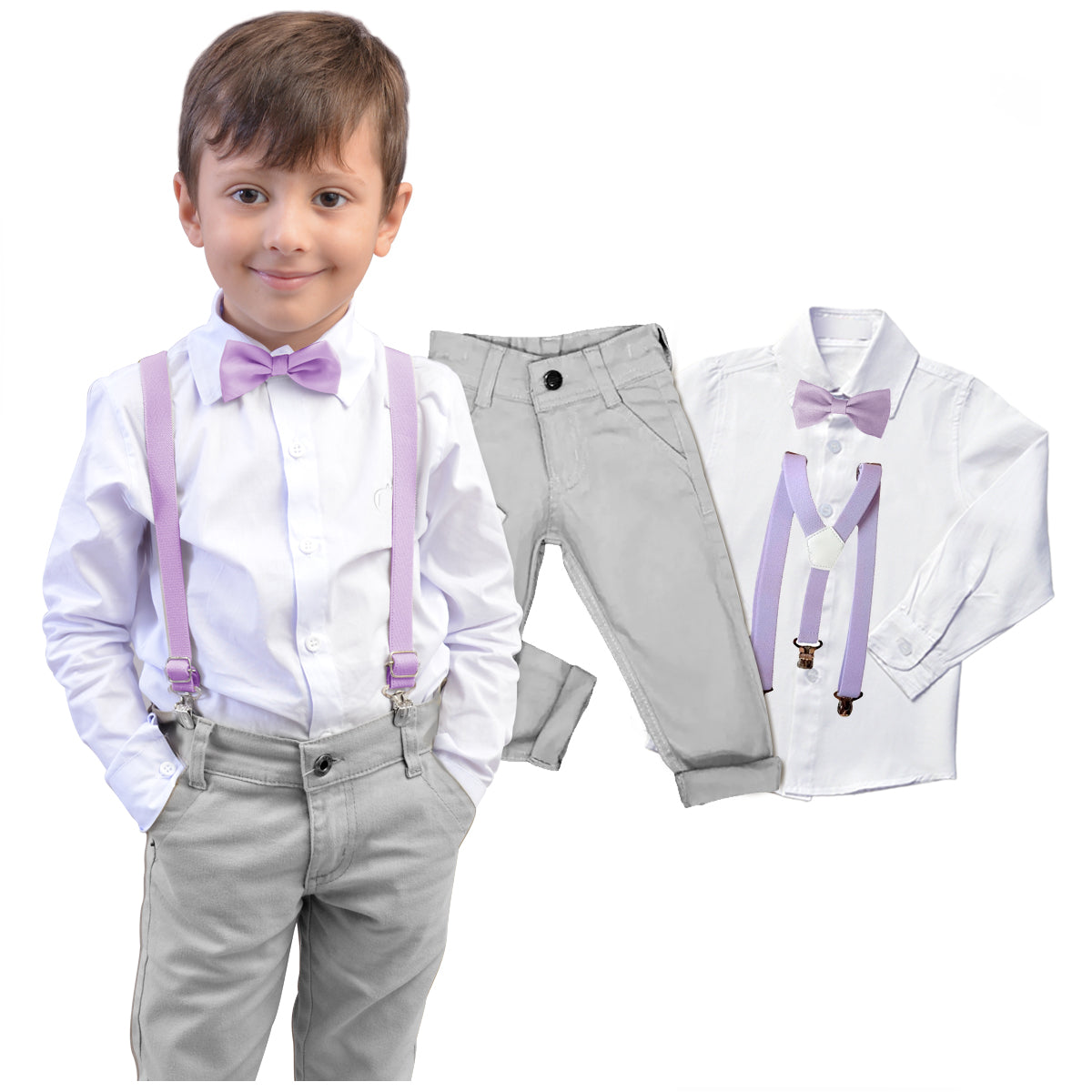 Conjunto Roupa Casamento Cinza Gravata e Suspensório Várias cores Infantil e Juvenil