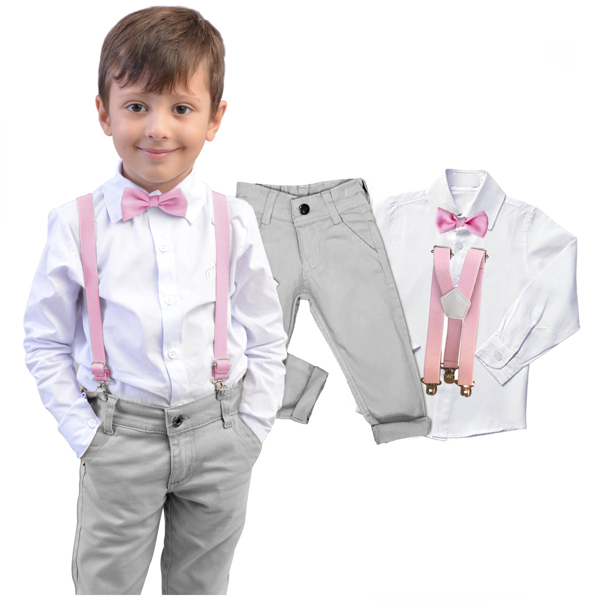Conjunto Roupa Casamento Cinza Gravata e Suspensório Várias cores Infantil e Juvenil