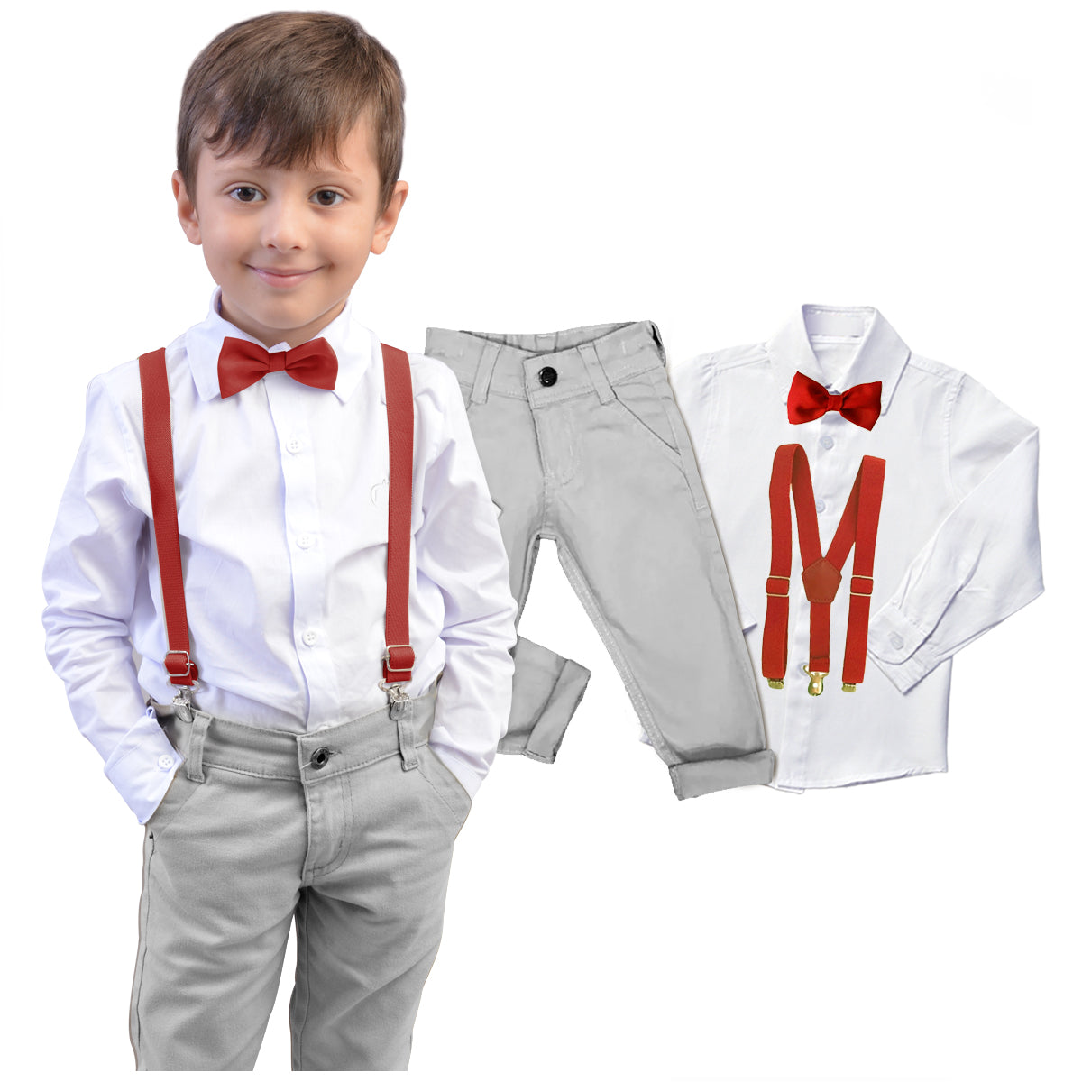 Conjunto Roupa Casamento Cinza Gravata e Suspensório Várias cores Infantil e Juvenil