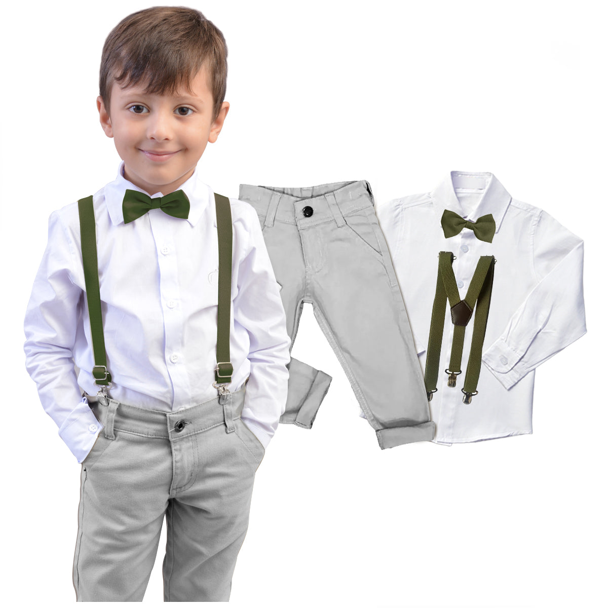 Conjunto Roupa Casamento Cinza Gravata e Suspensório Várias cores Infantil e Juvenil