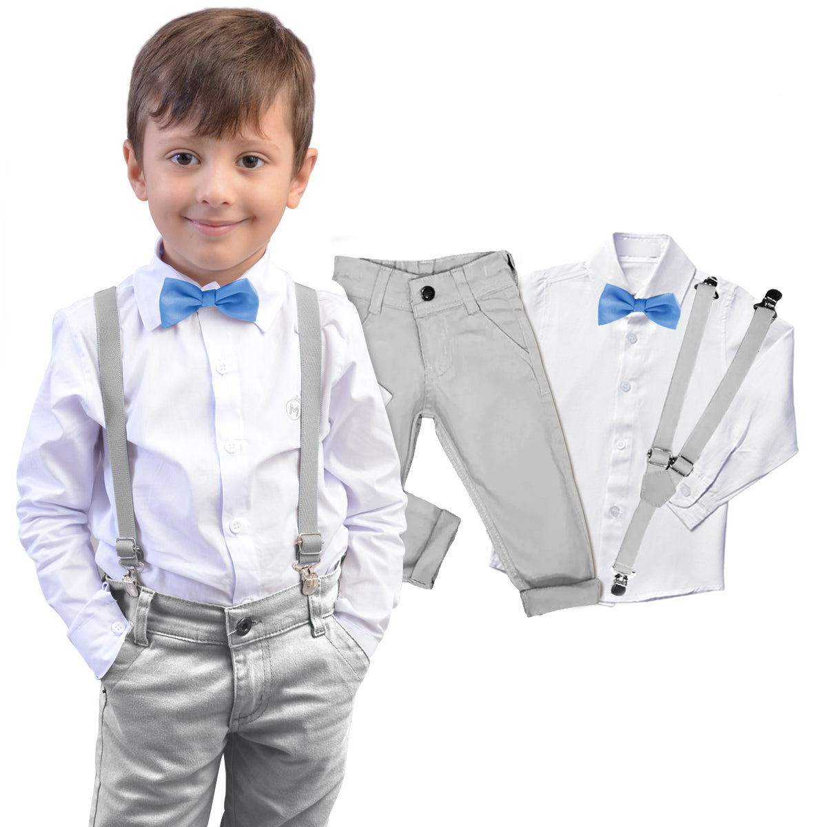 Conjunto Social Menino Cinza Manga Longa Suspensório Gravata Varias Cores P ao 16 anos