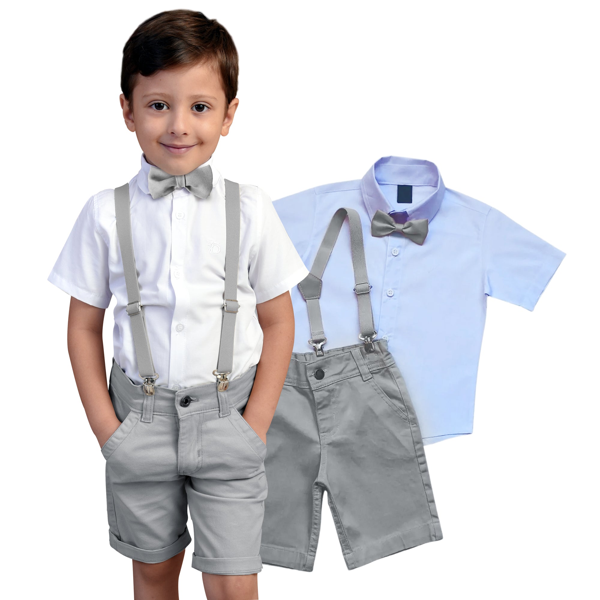 Conjunto Batizado Cinza Camisa Manga Curta e Bermuda  P ao  16 anos