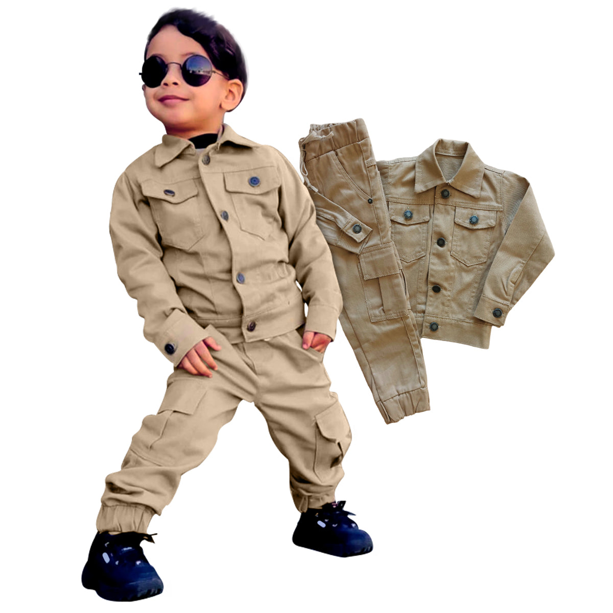 Conjunto com 2 Peças Jaqueta Sarja E Calça Cargo Menino Estiloso 1 ao 8 anos