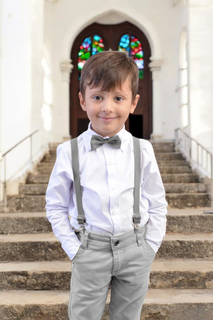 Conjunto Social Menino Cinza Manga Longa Suspensório Gravata Varias Cores P ao 16 anos