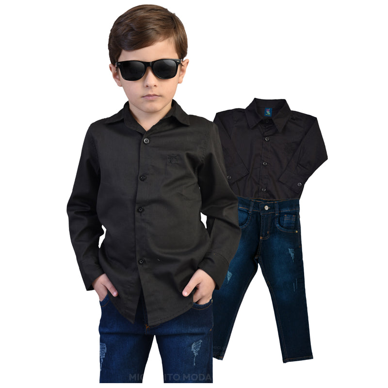 Conjunto Masculino Infantil Camisa Social Azul + Calça Jeans