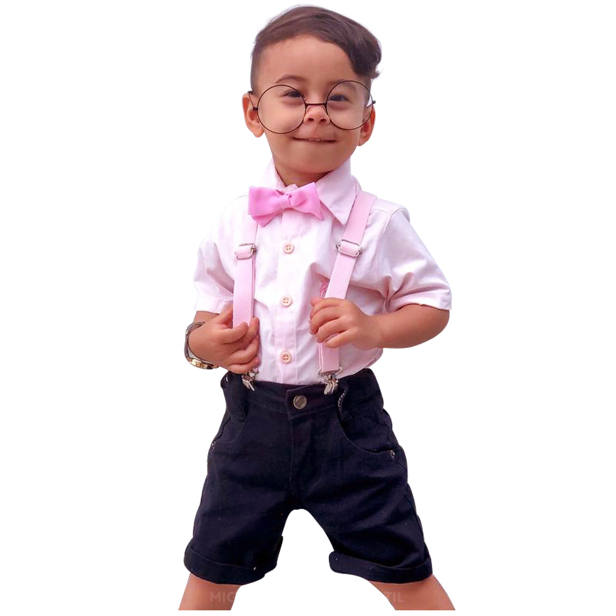 Conjunto Menino Camisa Rosa Bebê + Bermuda Preta P ao 16 anos
