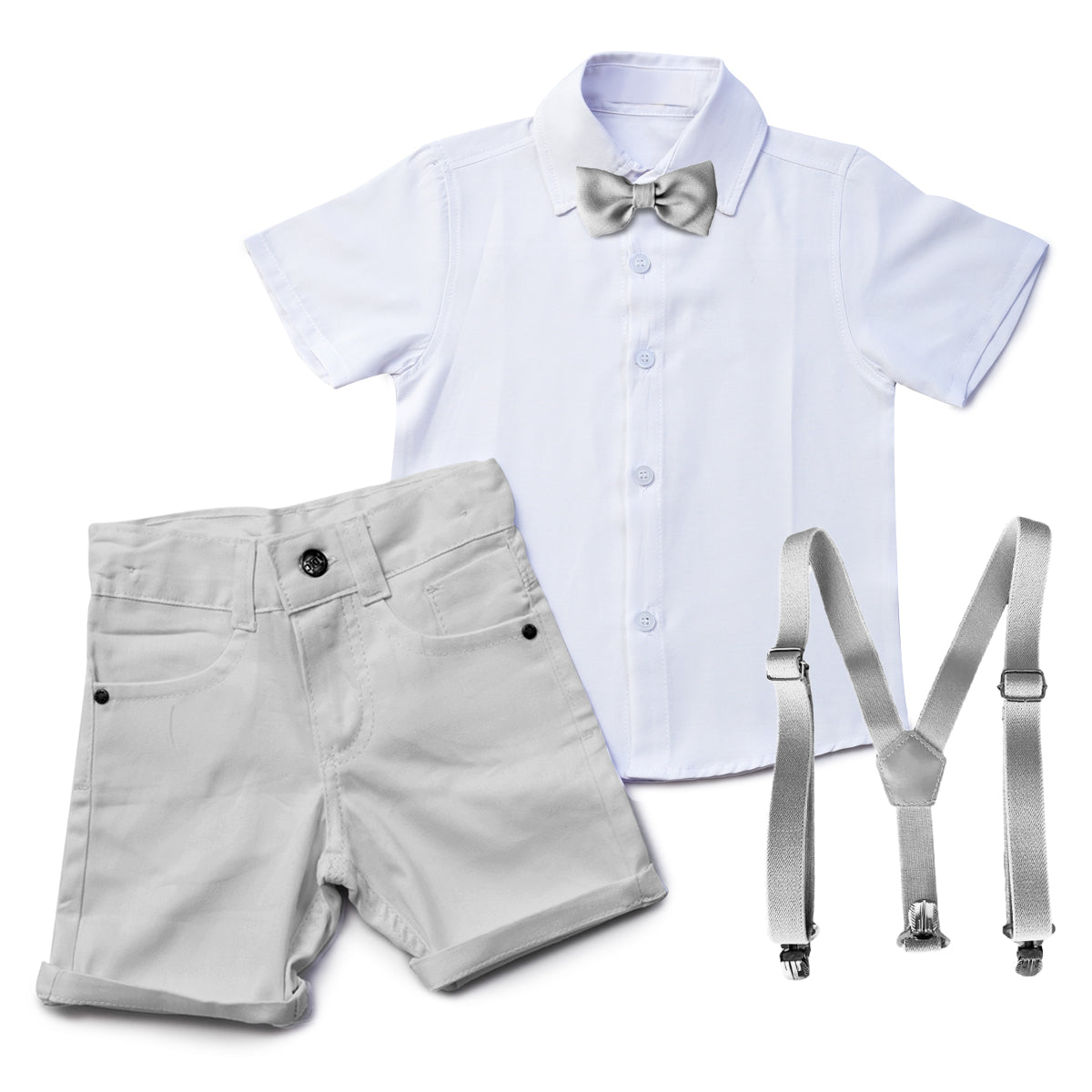 Conjunto Batizado Cinza Camisa Manga Curta e Bermuda  P ao  16 anos