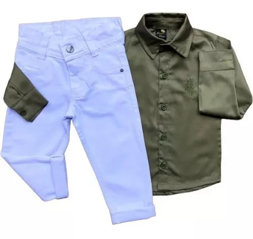 Kit 2 Peças Camisa e Calça Para Festa Verde Musgo com Branco 1 ao 8 anos