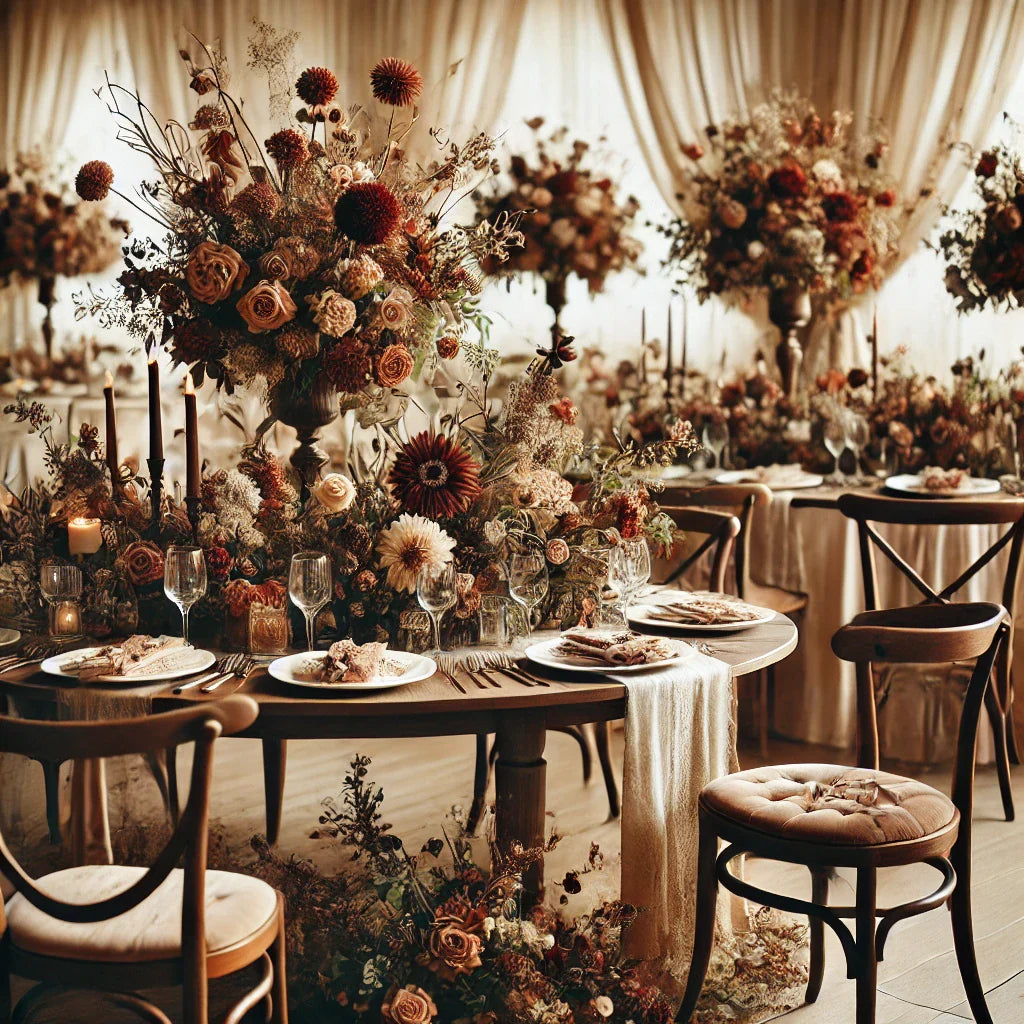 decoração de casamento com tons Mocha Mousse e flores terrosas