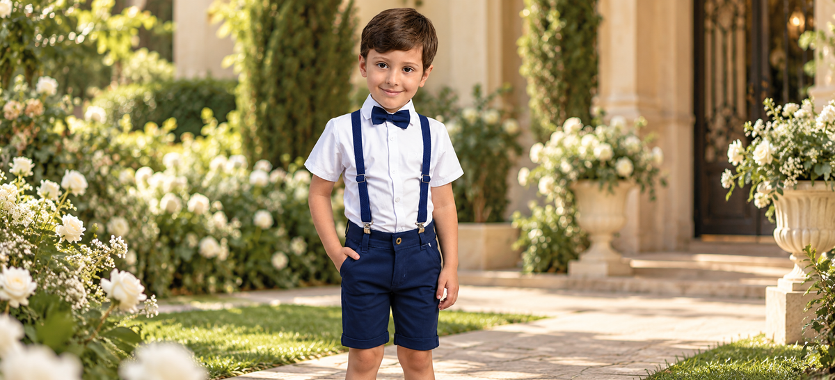 Menino com camisa branca de manga curta, bermuda azul-marinho, suspensório e gravata borboleta em um jardim de casamento.