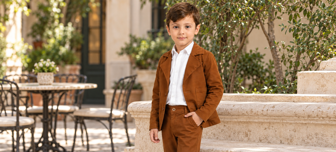 Menino com blazer infantil de sarja caramelo e camisa branca em um pátio com jardim.