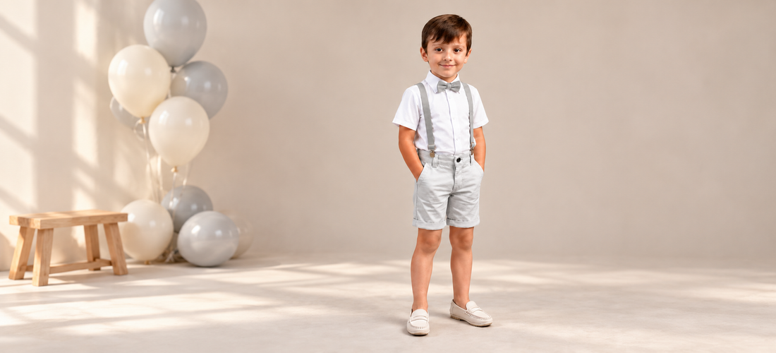 Menino com camisa branca de manga curta, bermuda cinza, suspensório e gravata borboleta cinza em cenário de aniversário com balões claros.
