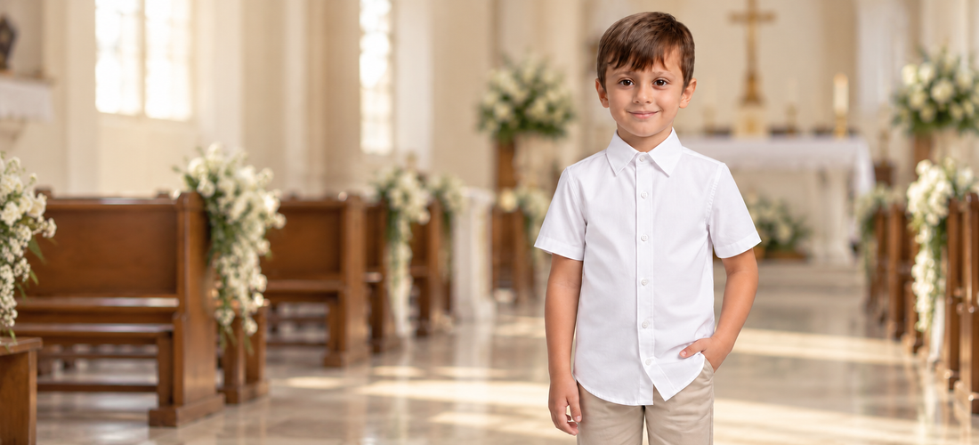 Menino com camisa social branca de manga curta e calça bege em igreja iluminada, com bancos de madeira e flores brancas ao fundo.
