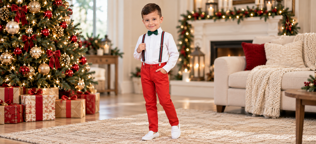 Menino usando camisa branca, calça vermelha, gravata verde e suspensório listrado em sala decorada para o Natal.