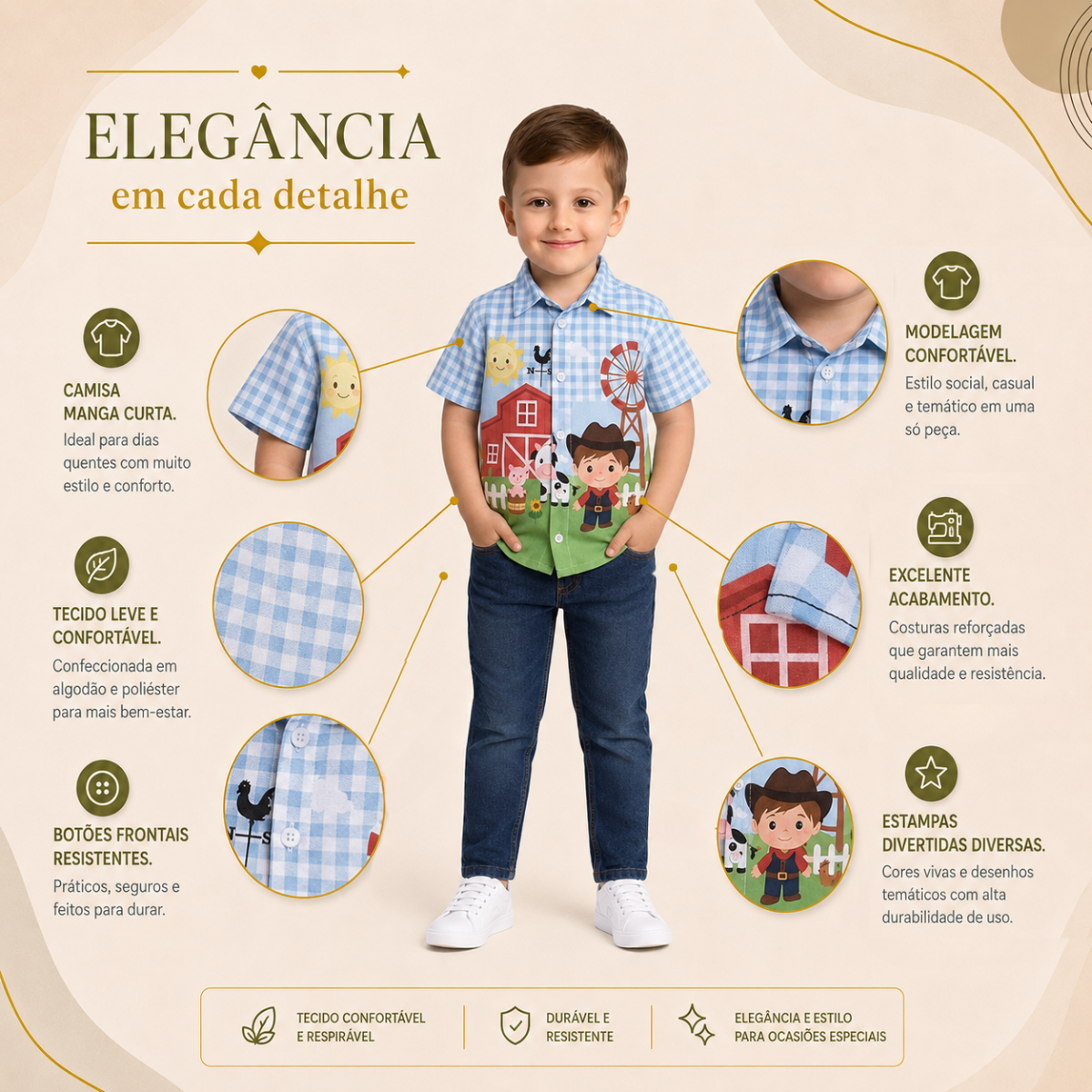 Camisa Infantil Social Temática Menino Fazendinha Personagem