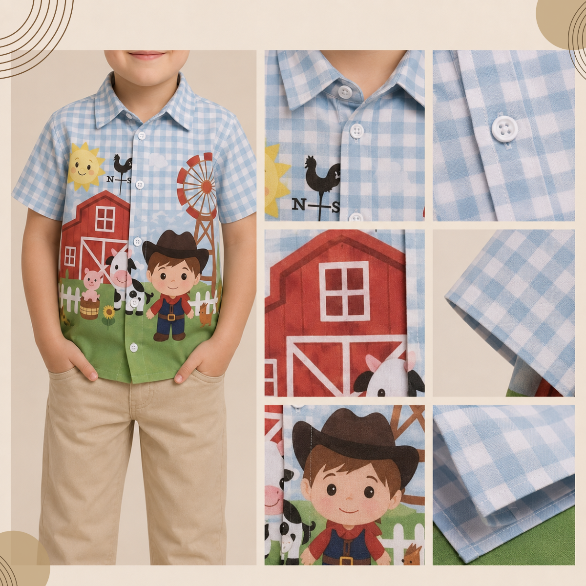 Camisa Infantil Social Temática Menino Fazendinha Personagem