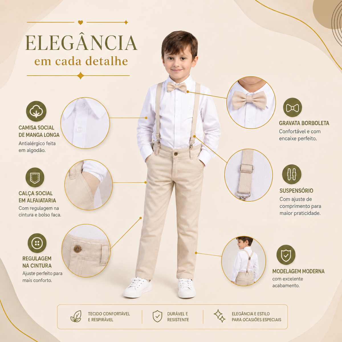 Conjunto Casamento Bege Suspensório e Gravata Várias Cores Infantil
