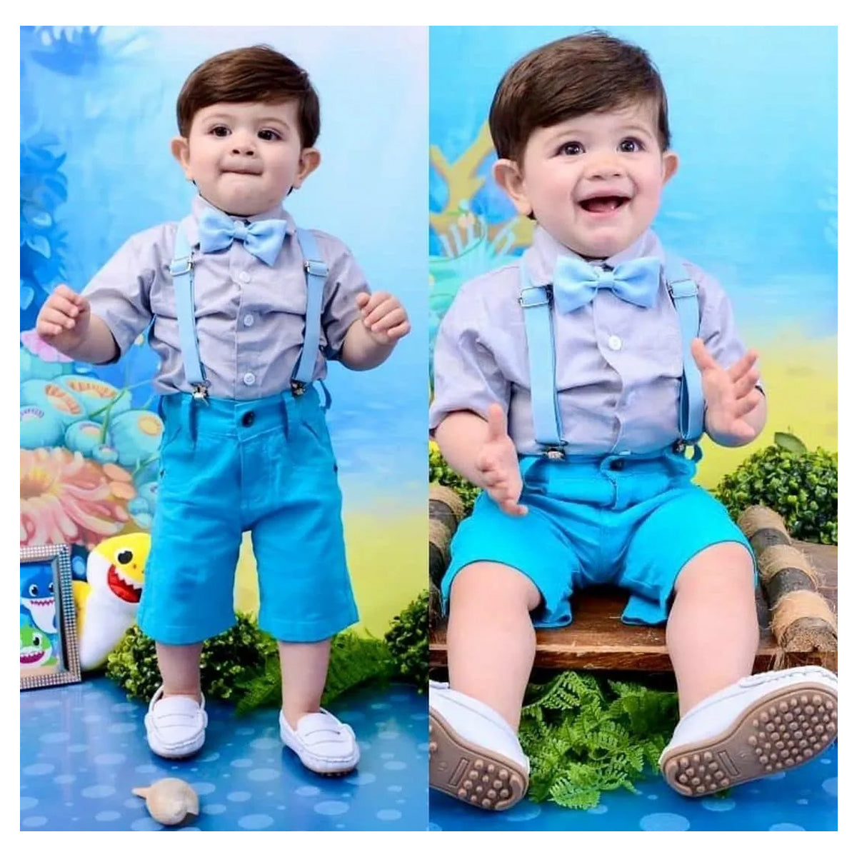 Conjunto temático Baby Shark - Camisa-Bermuda-kit Gravata