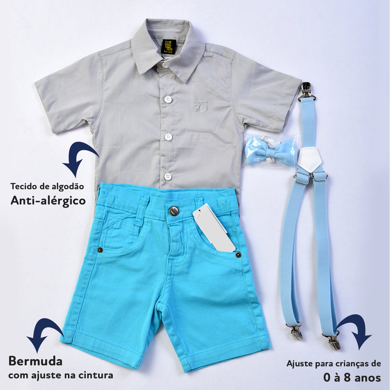 Conjunto temático Baby Shark - Camisa-Bermuda-kit Gravata