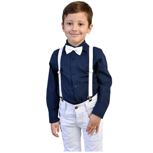 Conjunto Social Manga Longa Azul Marinho Calça Infantil Branca Masculino (Atacado)