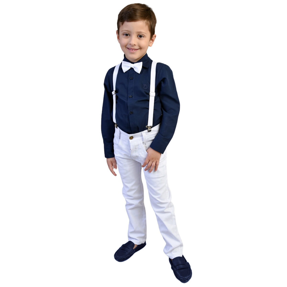 Conjunto Social Manga Longa Azul Marinho Calça Infantil Branca Masculino (Atacado)
