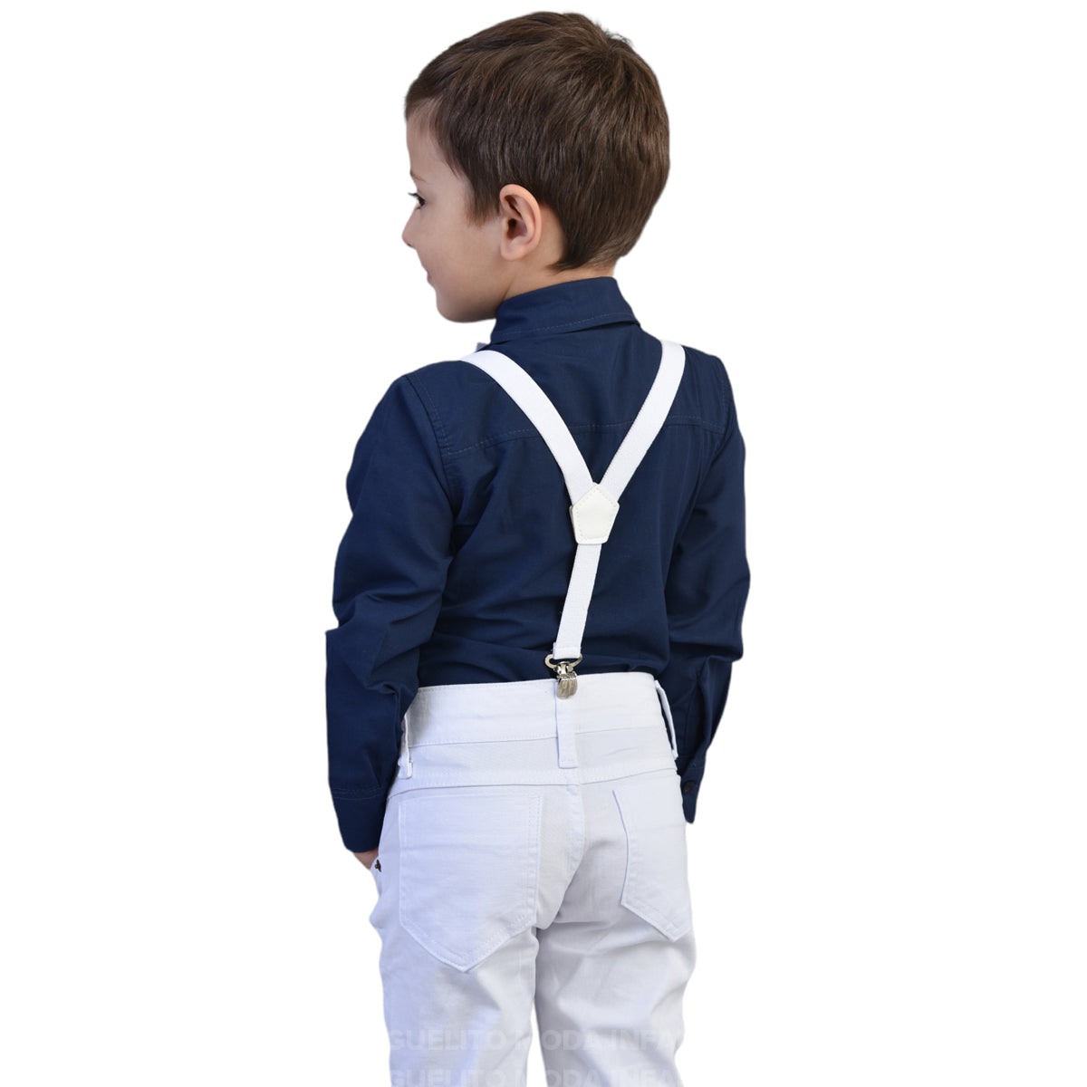 Conjunto Social Manga Longa Azul Marinho Calça Infantil Branca Masculino (Atacado)