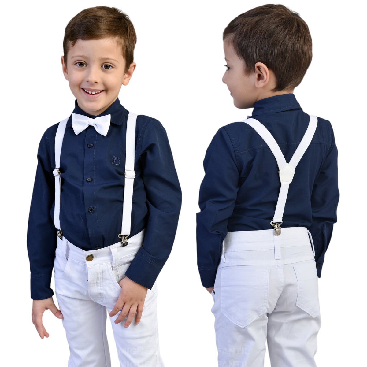 Conjunto Social Manga Longa Azul Marinho Calça Infantil Branca Masculino (Atacado)