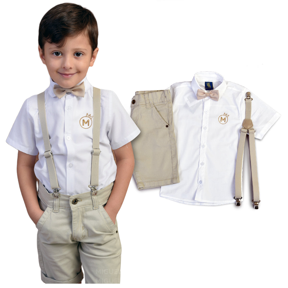 Conjunto Menino Camisa manga curta e Bermuda Bege P ao 16 anos (Atacado)