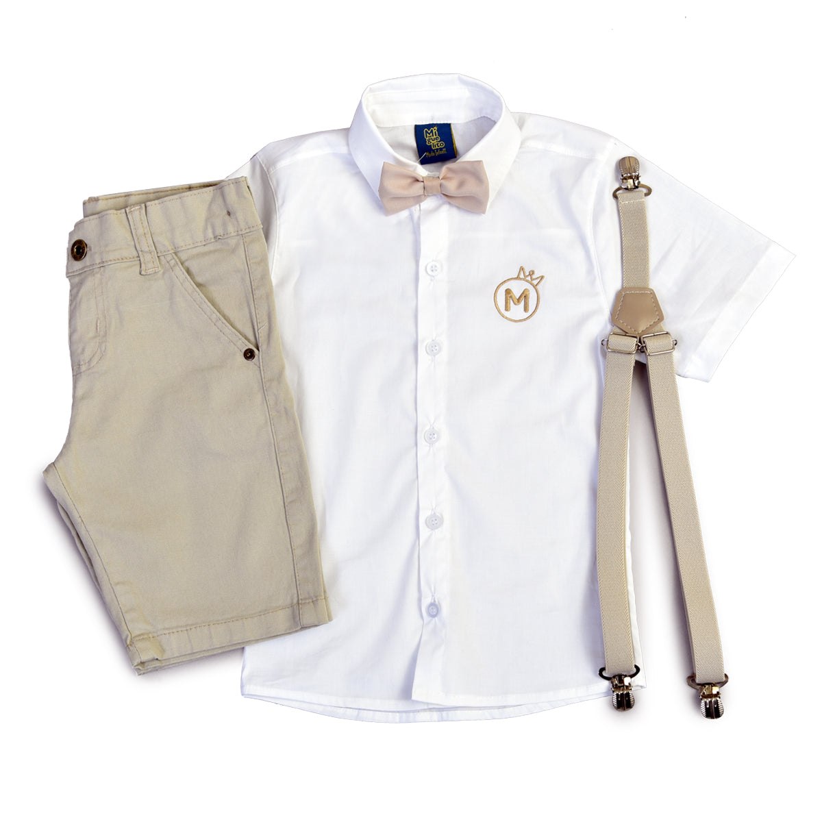 Conjunto Menino Camisa manga curta e Bermuda Bege P ao 16 anos (Atacado)