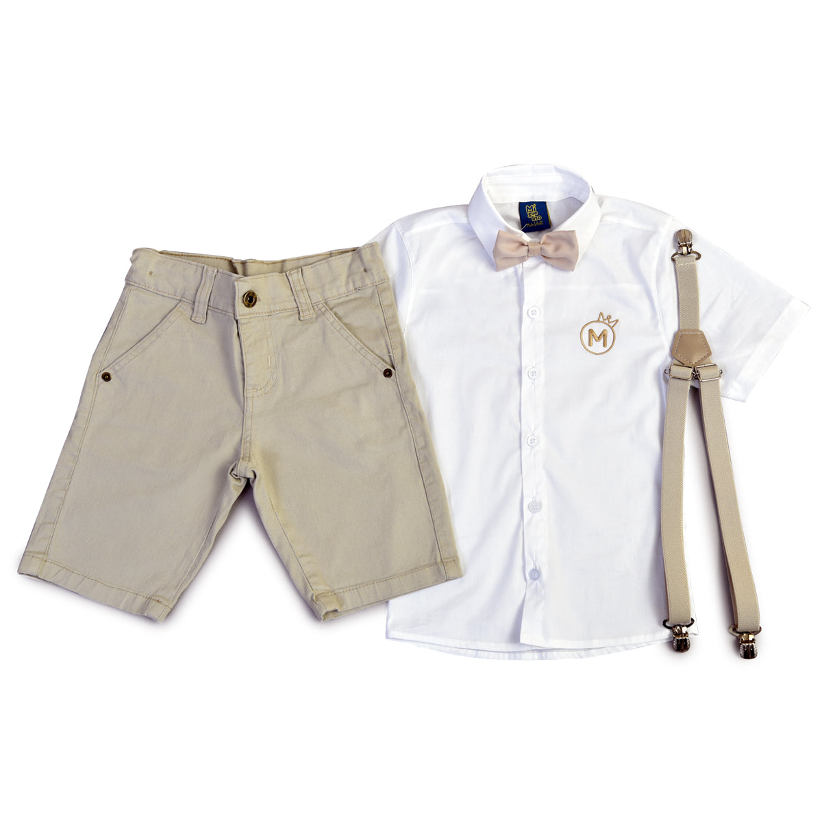 Conjunto Menino Camisa manga curta e Bermuda Bege P ao 16 anos (Atacado)