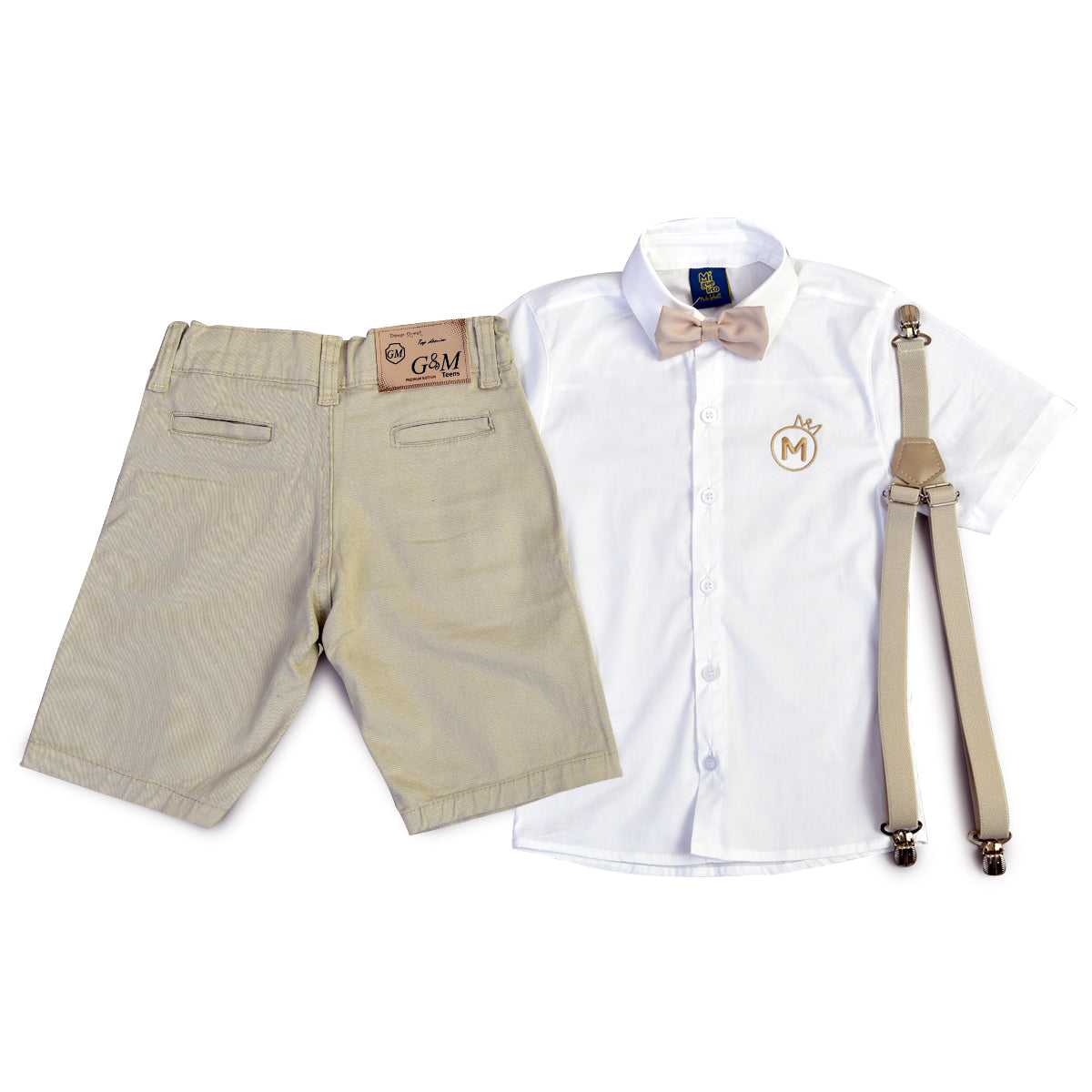 Conjunto Menino Camisa manga curta e Bermuda Bege P ao 16 anos (Atacado)