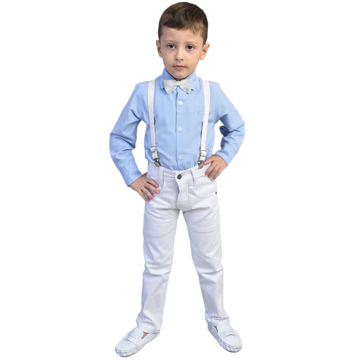 Conjunto Com Suspensório e Camisa Manga Longa Azul Bebê
