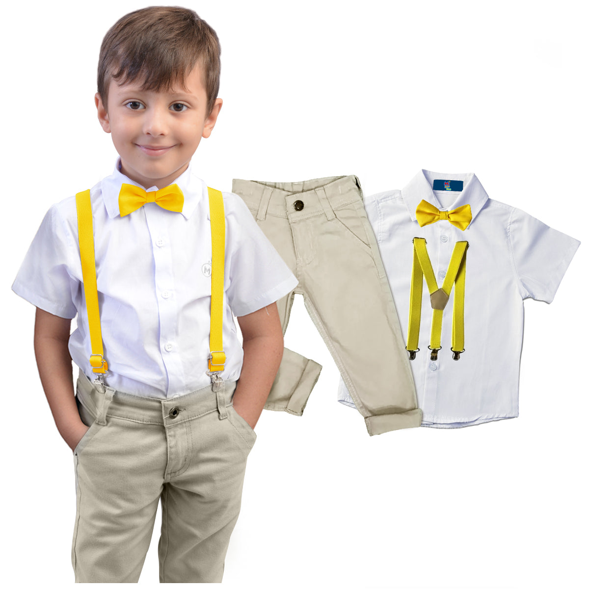 Conjunto Calça bege Camisa Manga Curta Branca Suspensório e Gravata Várias Cores P ao 8 anos (Atacado)