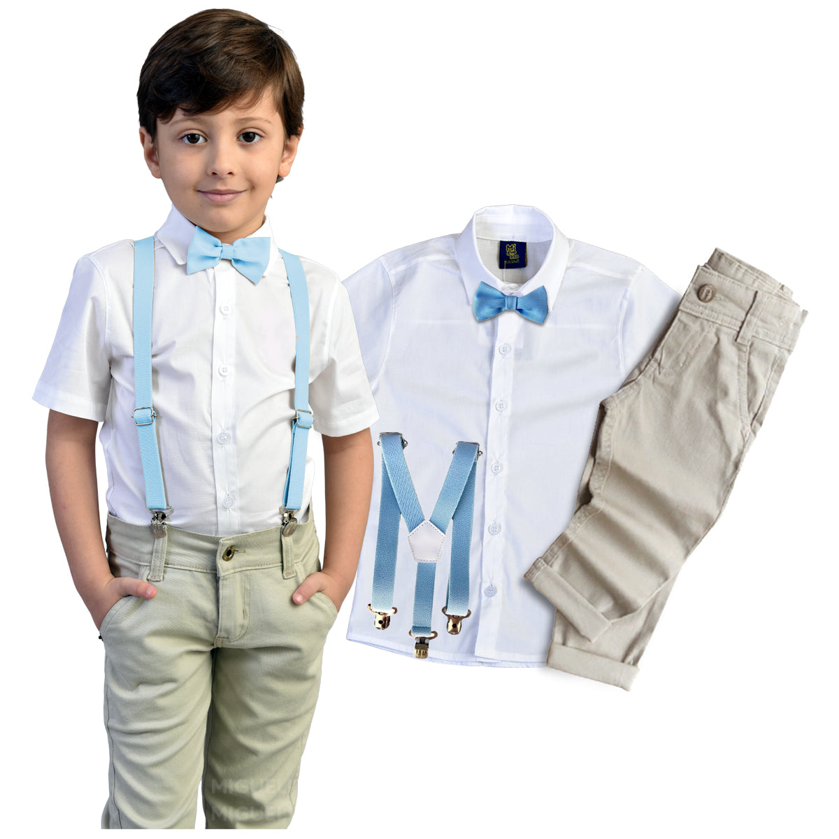 Conjunto Calça bege Camisa Manga Curta Branca Suspensório e Gravata Várias Cores P ao 8 anos (Atacado)