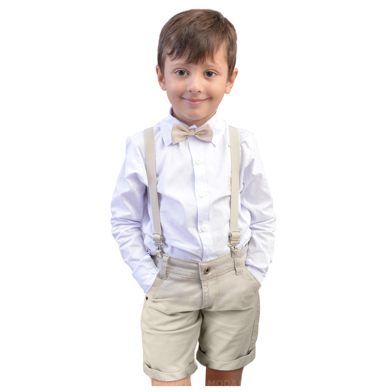 Conjunto Bege Pajem Menino Batizado Camisa Manga Longa E Bermuda