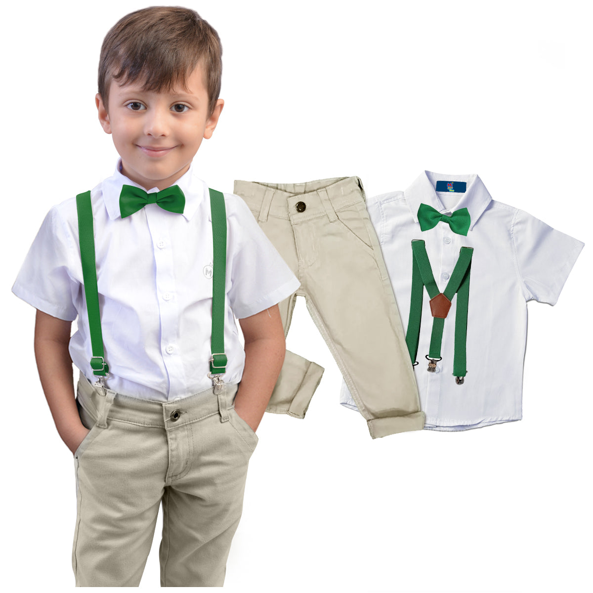 Conjunto Calça bege Camisa Manga Curta Branca Suspensório e Gravata Várias Cores P ao 8 anos (Atacado)