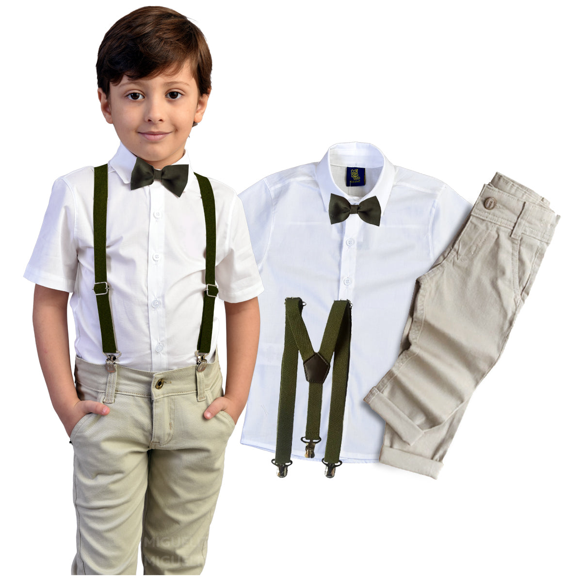 Conjunto Calça bege Camisa Manga Curta Branca Suspensório e Gravata Várias Cores P ao 8 anos (Atacado)