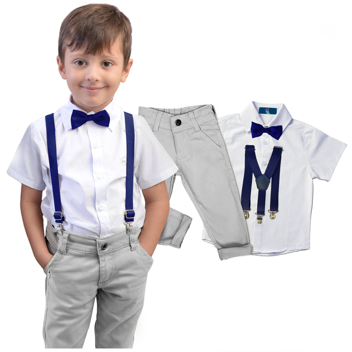 Conjunto  Casamento Manga Curta e  Calça Cinza Gravata e Suspensório Várias Cores 10 ao 16 anos (Atacado)