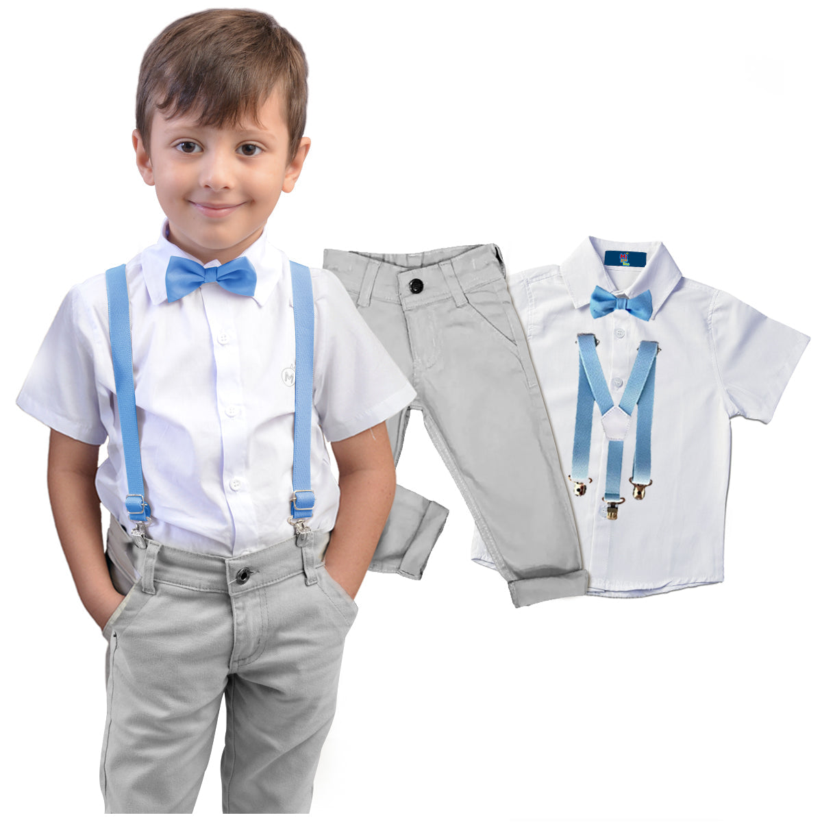 Conjunto Cinza  manga curta Gravata e Suspensório (Atacado)