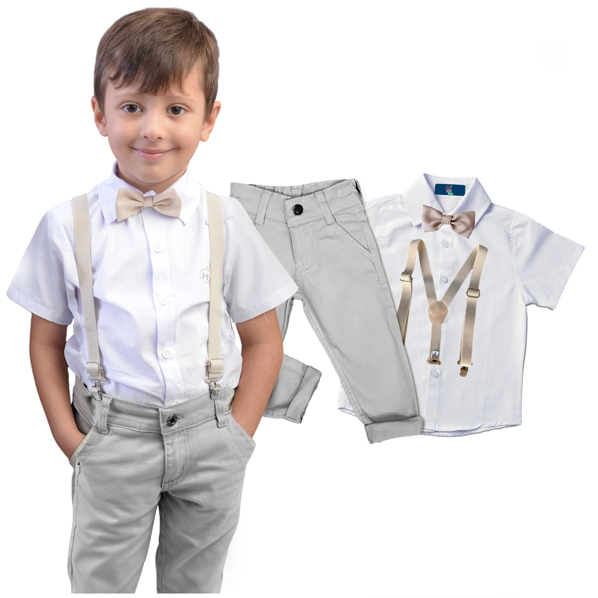 Conjunto Cinza  manga curta Gravata e Suspensório (Atacado)