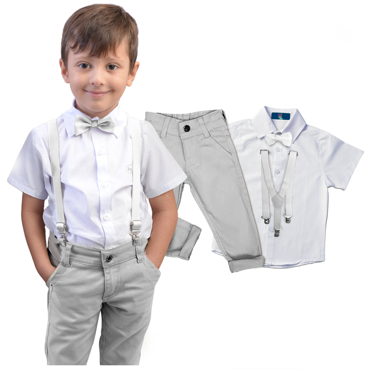 Conjunto  Casamento Manga Curta e  Calça Cinza Gravata e Suspensório Várias Cores 10 ao 16 anos (Atacado)