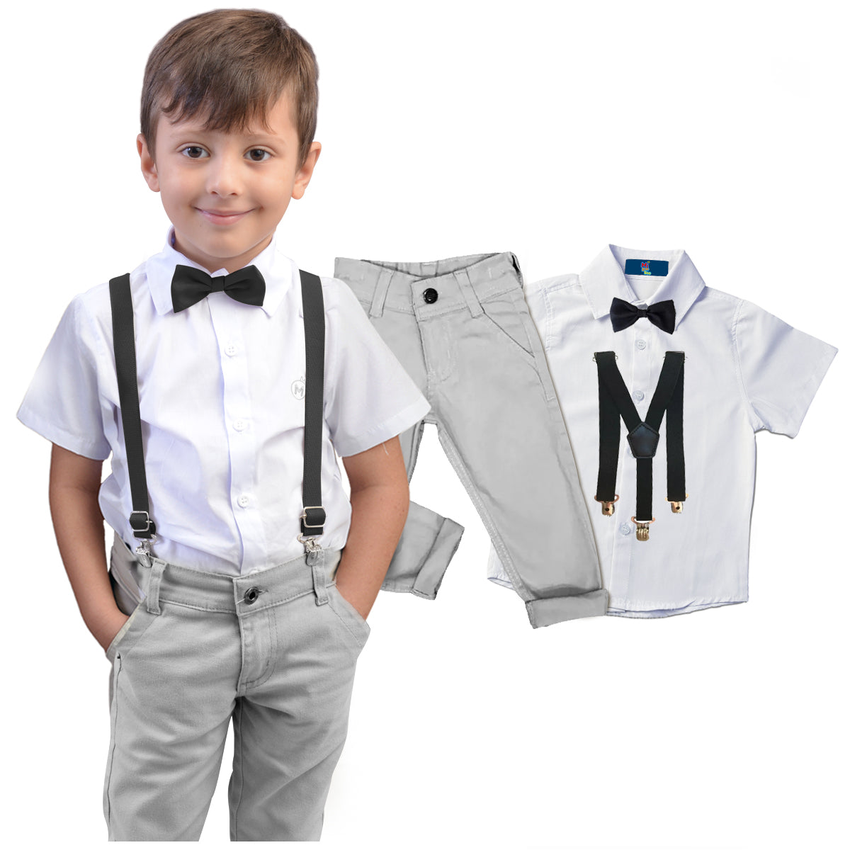 Conjunto Cinza  manga curta Gravata e Suspensório (Atacado)