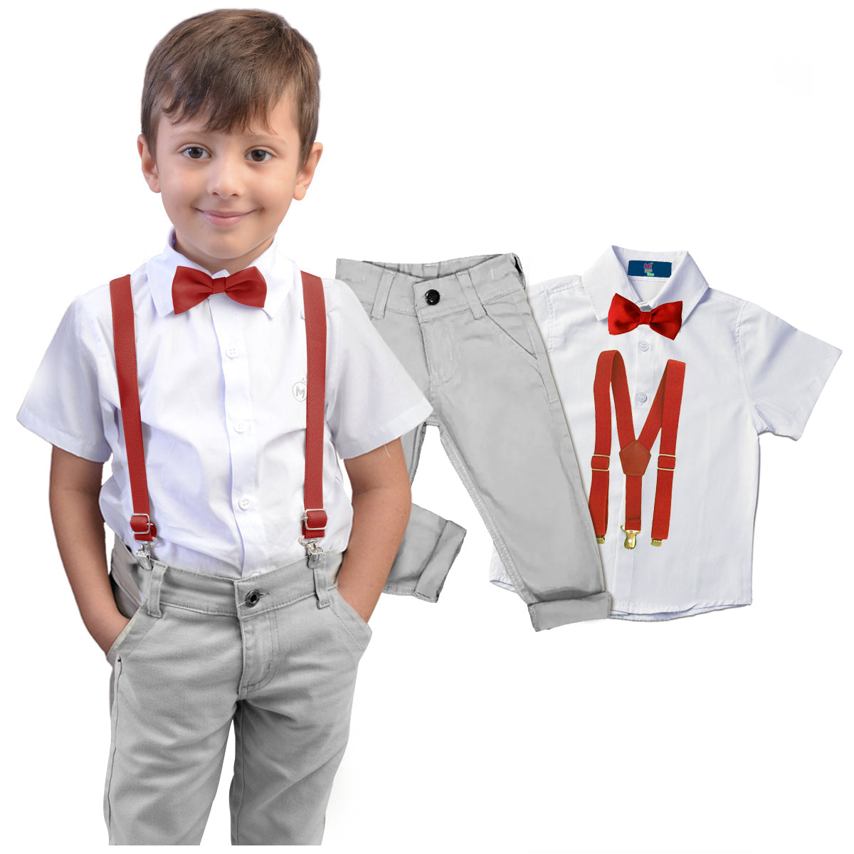 Conjunto Cinza  manga curta Gravata e Suspensório (Atacado)