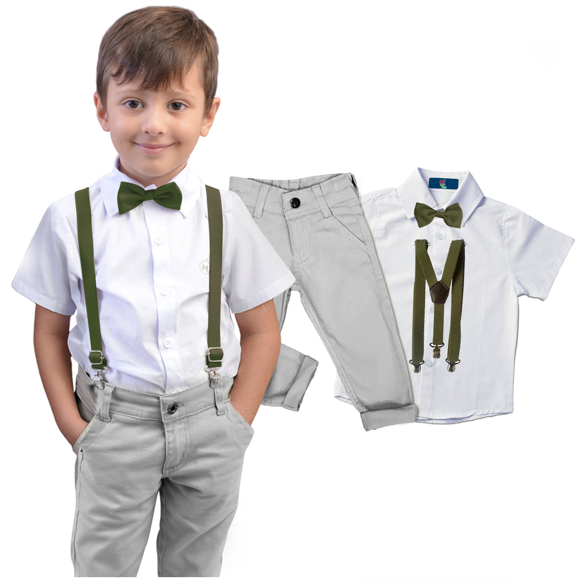 Conjunto Cinza  manga curta Gravata e Suspensório (Atacado)