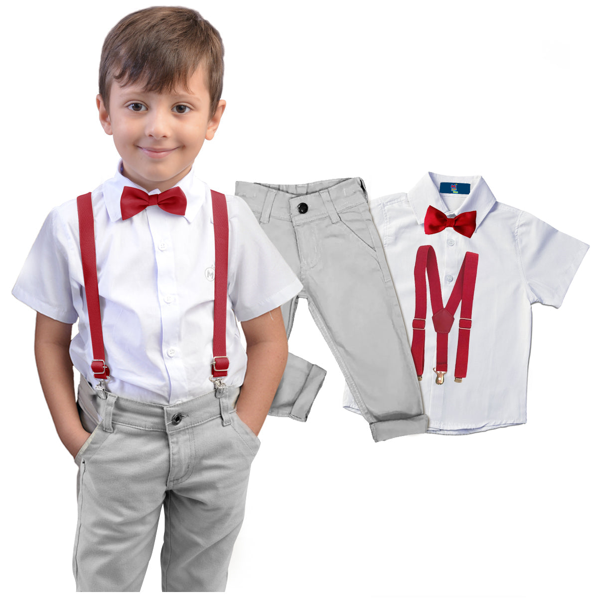 Conjunto Cinza  manga curta Gravata e Suspensório (Atacado)