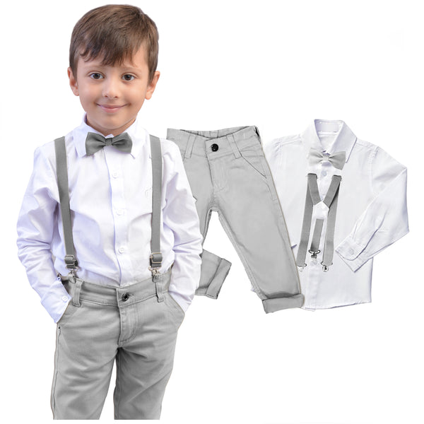 Conjunto Roupa Casamento Cinza Gravata e Suspensório Várias cores Infantil e Juvenil